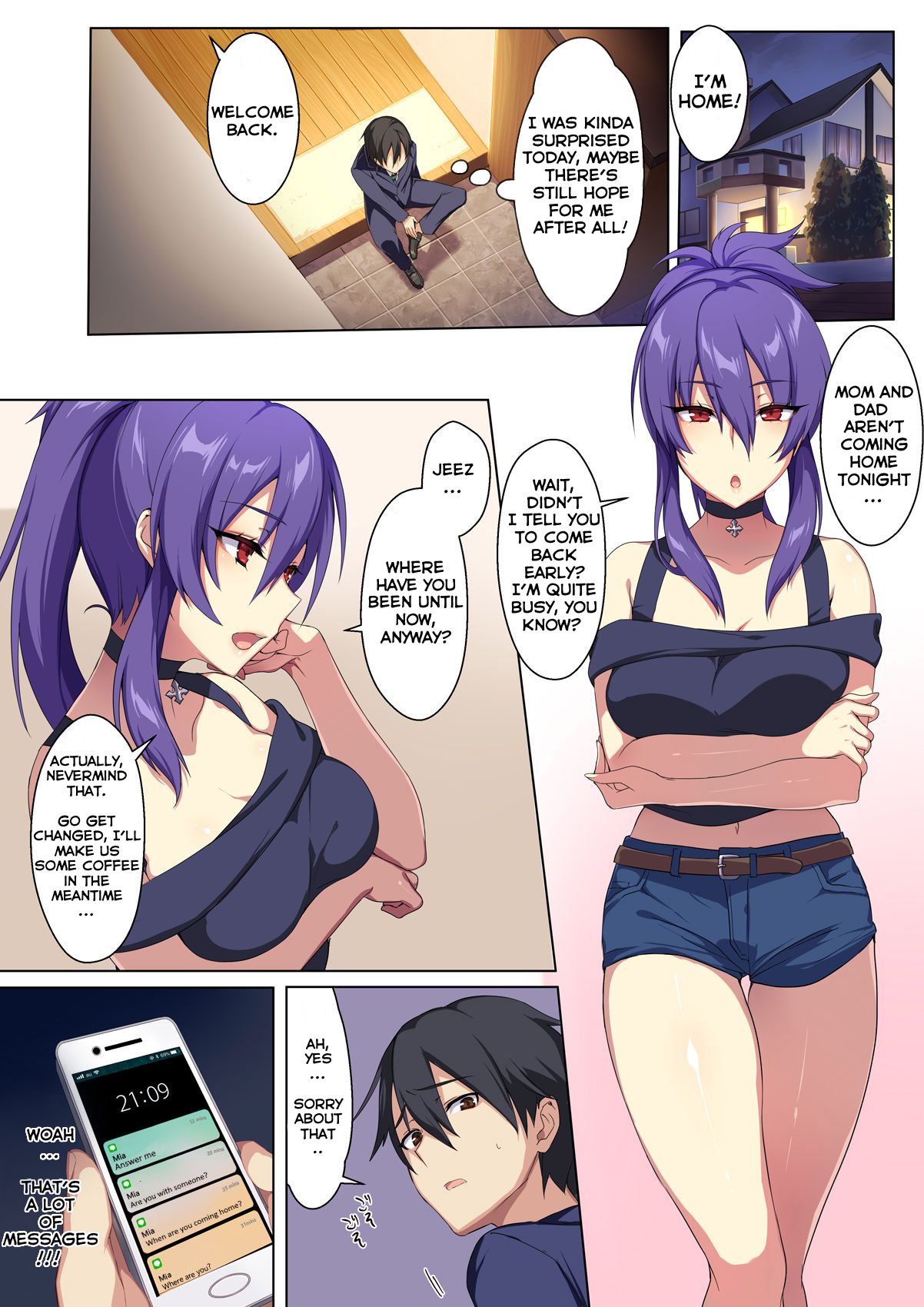 1boy1girl black_hair breasts brother_and_sister choker color comic crossed_arms dialogue english_text female long_hair looking_at_viewer looking_back male male/female original original_character phone ponytail punopupupu purple_hair red_eyes short_hair shorts speech_bubble text thighs white_skin zeroshiki_kouichi