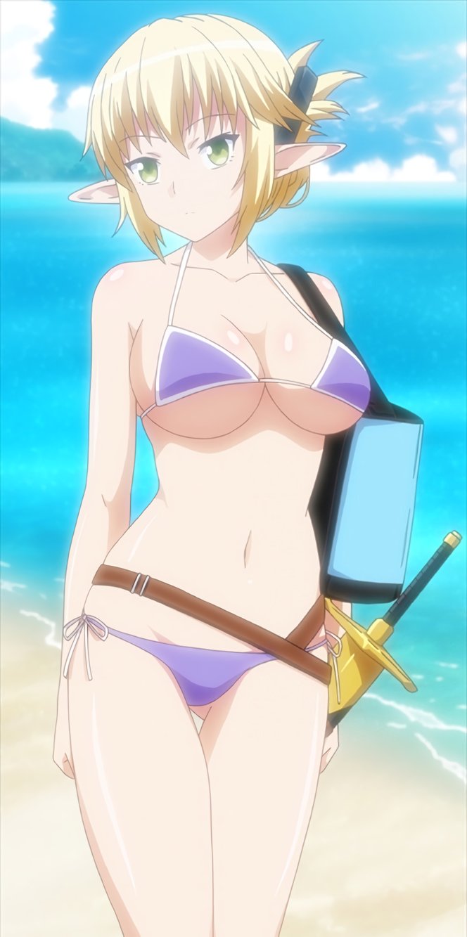 1girls aegis_(takunomi) bag beach big_breasts bikini blonde_hair breasts busty cleavage elf elf_female enjo_kouhai female female_only green_eyes highres large_breasts legs looking_at_viewer navel pointy_ears purple_bikini screencap screenshot solo stitched swimsuit sword thighs third-party_edit voluptuous weapon