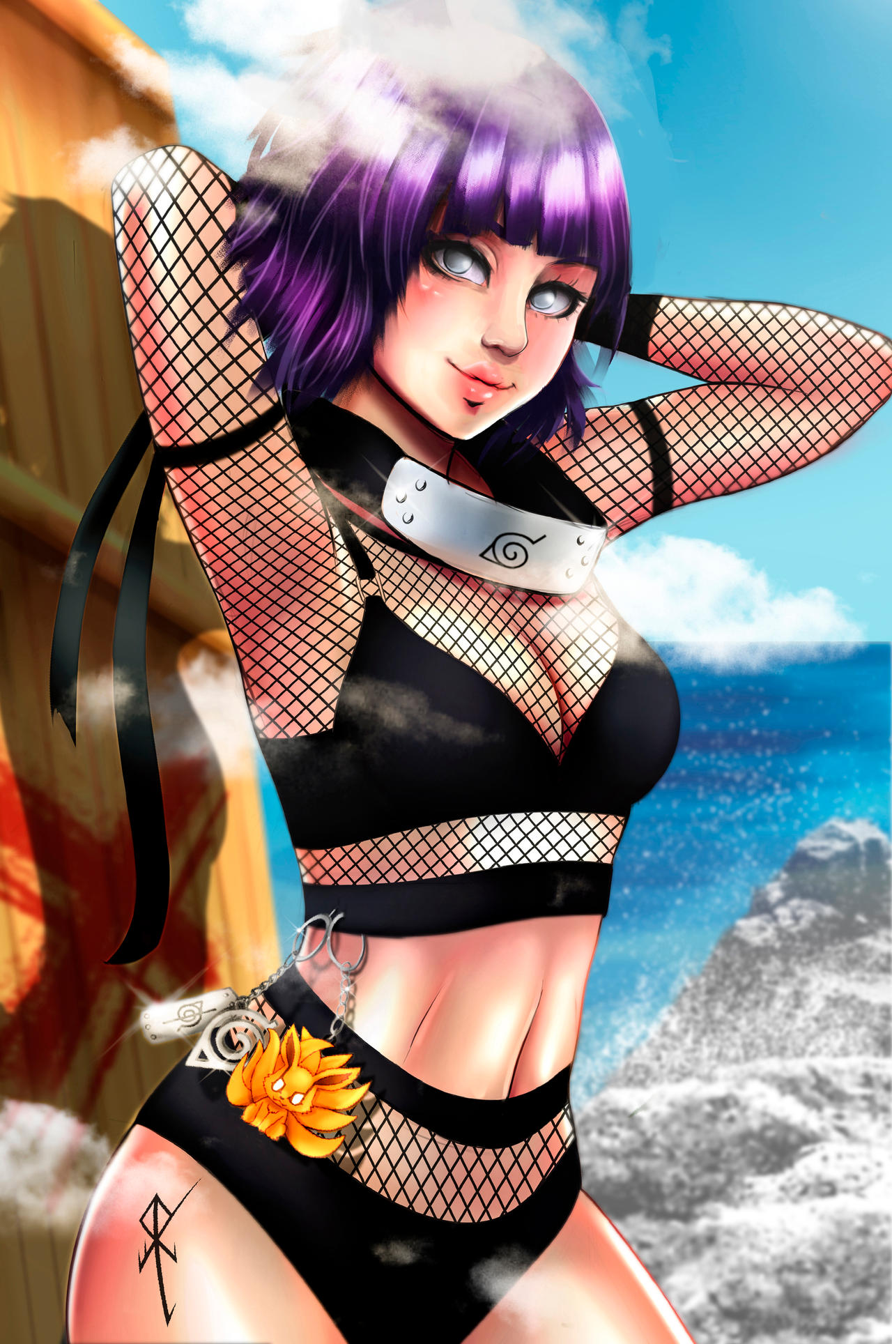 1girls, abs, armpits, arms behind head, armwear, belly, black bra, black panties, blush, bob cut, bra, breasts, cleavage, clothing, female, female focus, female only, fishnet, fishnet armwear, fishnet bodysuit, fishnet shirt, fishnet topwear, fishnets, hi res, high resolution, highres, hyuuga hinata, hyuuga hinata (genin), jewelry, konohagakure symbol, kurama, light skin, light-skinned female, lips, lipstick, loxlley, makeup, medium breasts, medium hair, naruto, naruto (classic), naruto (series), outdoors, outside, pale skin, pale-skinned female, panties, partially clothed, pink lips, pink lipstick, pinup, plushie, pose, posing, purple hair, realistic, shoulder length hair, shounen jump, smile, smiling, smiling at viewer, solo, solo female, solo focus, standing, tattoo, thigh tattoo, toned, toned female, underwear, white eyes, wide hips
