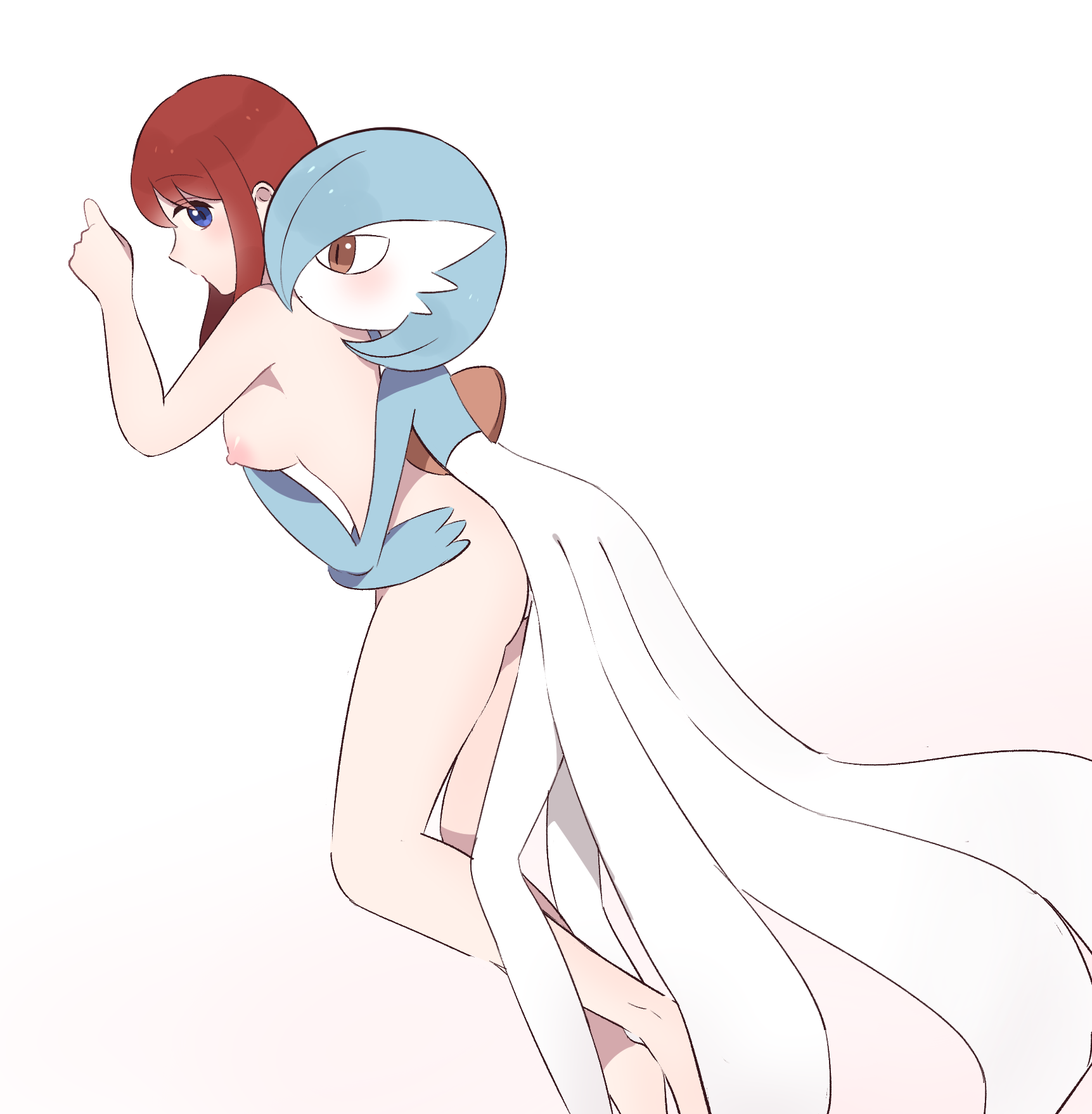 1boy, 1girls, 3 fingers, auburn hair, barely visible genitalia, blue eyes, blush, bodyguard position, breasts, brown eyes, duo, embrace, female, female penetrated, fingers, from behind position, gardevoir, generation 3 pokemon, genitals, girly, green body, hi res, human, human penetrated, humanoid, humanoid on human, humanoid penetrating, humanoid penetrating human, interspecies, looking back, looking back at partner, male, male gardevoir, male penetrating, male penetrating female, male pokemon/female human, male/female, mammal, momikumo00, nintendo, nipples, nude, penetration, penile, penile penetration, penis, penis in pussy, pokémon (species), pokemon, pokemon (species), pokephilia, pussy, sex, side boob, standing, standing sex, vaginal penetration, video games, white body