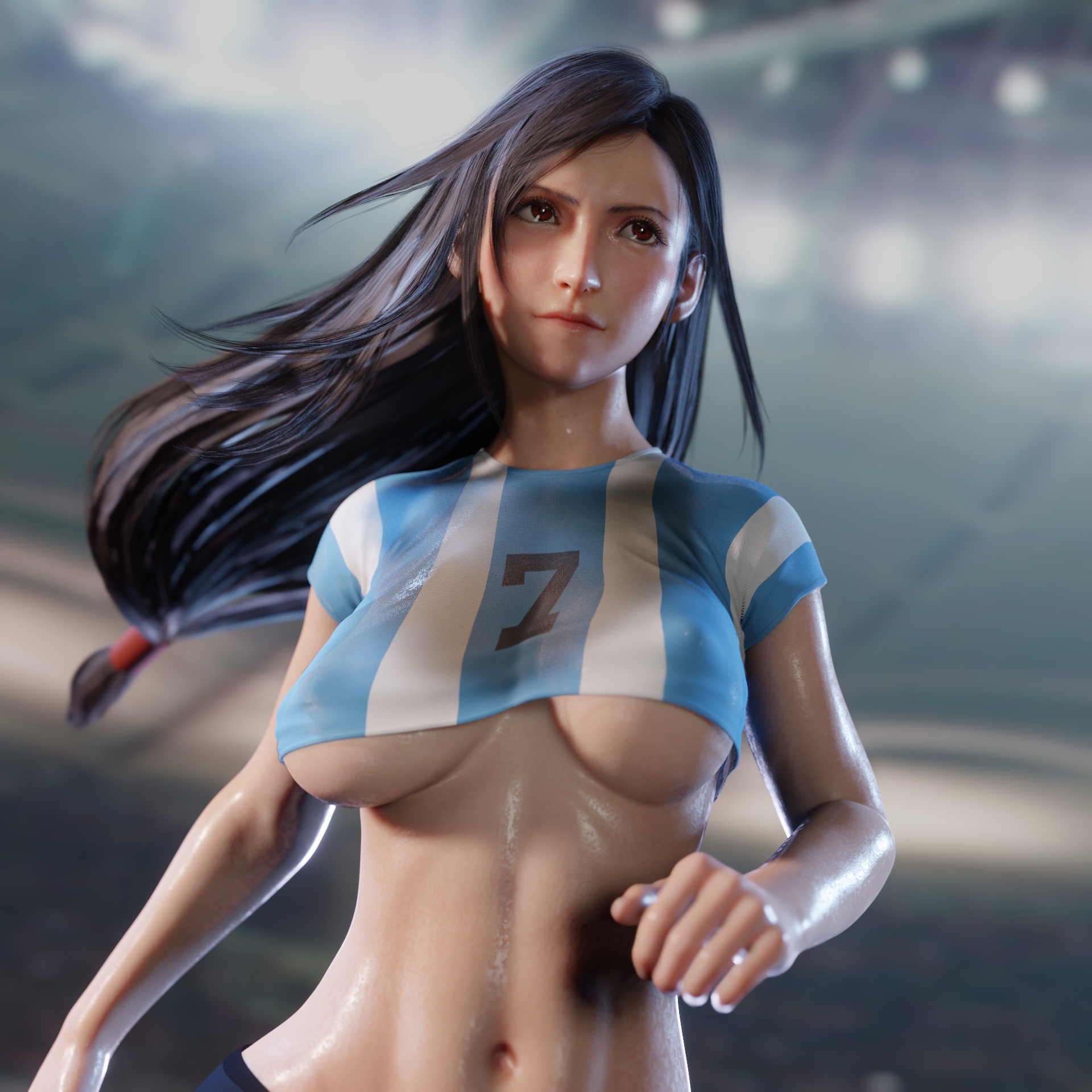 1girls, 3d, argentina, breasts, brown eyes, brown hair, female, final fantasy, final fantasy vii, final fantasy vii remake, football, football player, football uniform, large breasts, light skin, light-skinned female, midriff, square enix, tifa lockhart, underboob, world cup