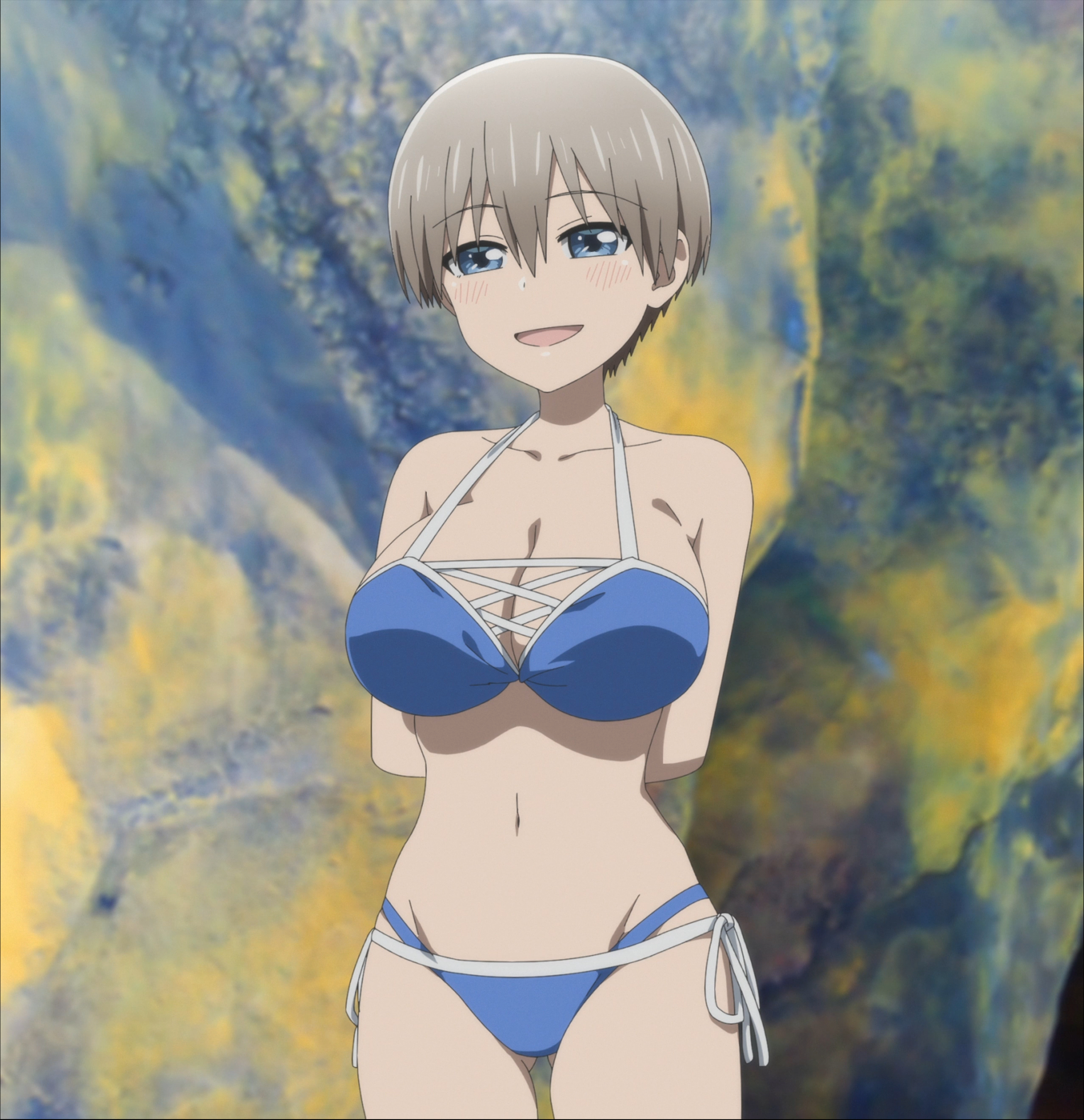 1girls, accurate art style, arms behind back, big breasts, bikini, blue bikini, blue eyes, breasts, busty, cleavage, fat breasts, female, female only, flat belly, grey hair, highres, large breasts, looking at viewer, navel, screencap, short hair, smile, solo, stitched, swimsuit, third-party edit, uzaki hana, uzaki-chan wa asobitai!, voluptuous