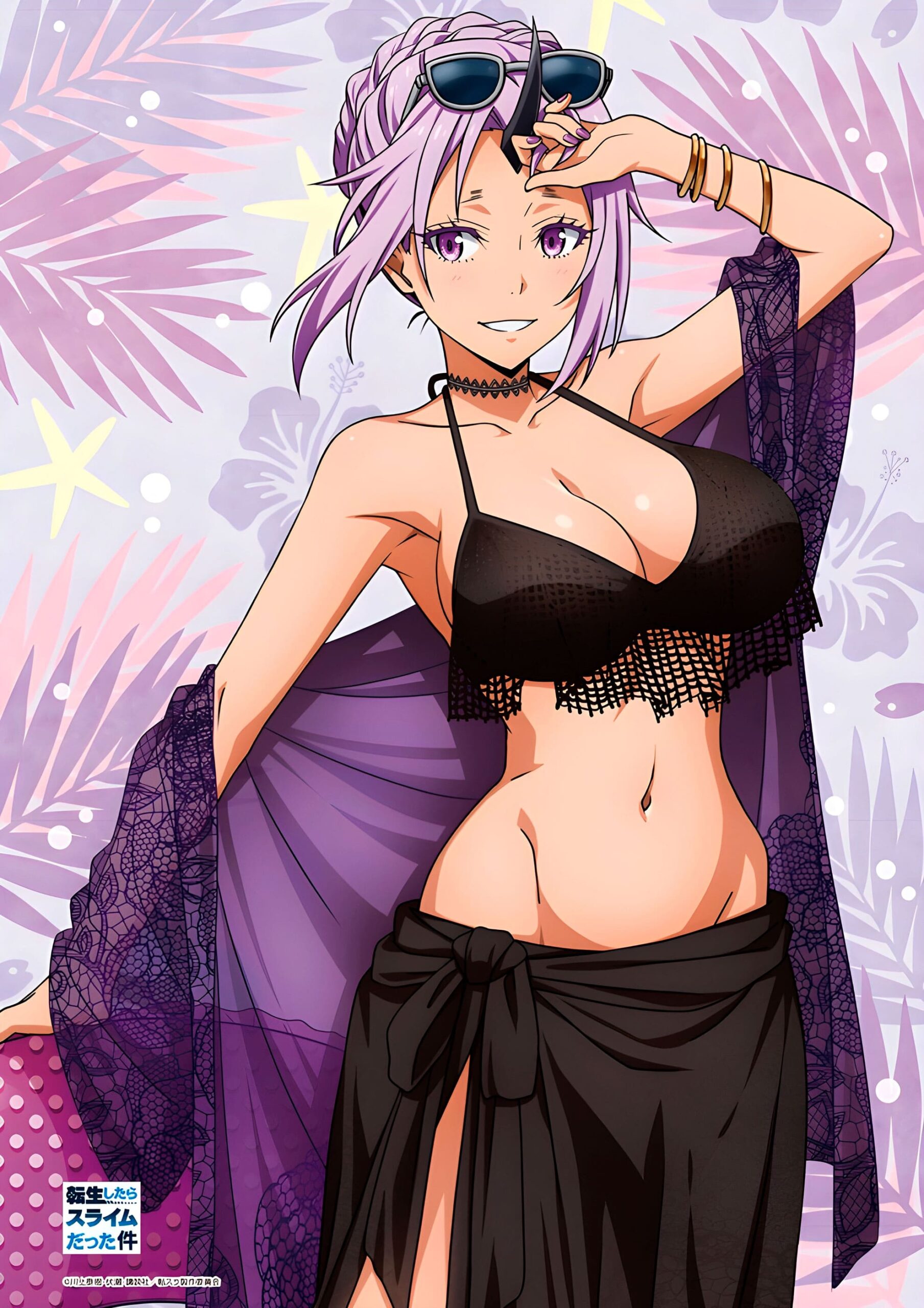 1girls, arm up, big breasts, bikini, black bikini, breasts, busty, cleavage, female, female only, hi res, large breasts, legs, long hair, navel, official art, parted lips, ponytail, purple eyes, purple hair, sarong, shion (tensei shitara slime datta ken), solo, sunglasses on head, swimsuit, tensei shitara slime datta ken, thighs, voluptuous