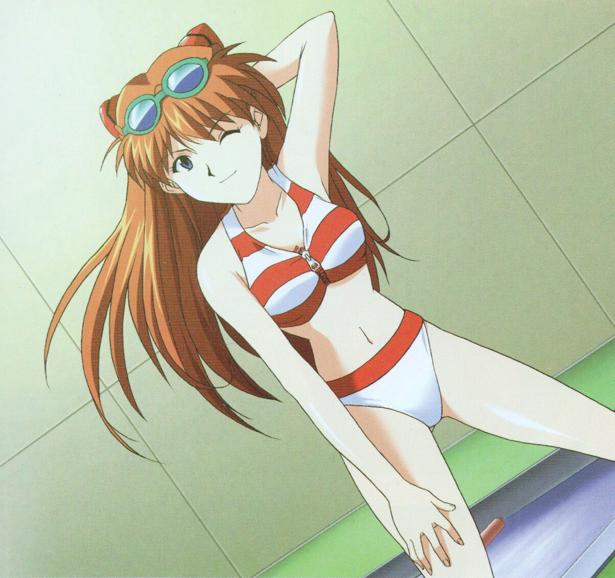 1girls, arm behind head, armpits, asuka langley sohryu, bikini, blue eyes, breasts, confident, female, female only, game cg, hand on knee, hand on own knee, legs, looking at viewer, medium breasts, navel, neon genesis evangelion, one eye closed, orange hair, smile, solo, striped bikini, striped swimsuit, swimsuit, thighs, twintails, wink