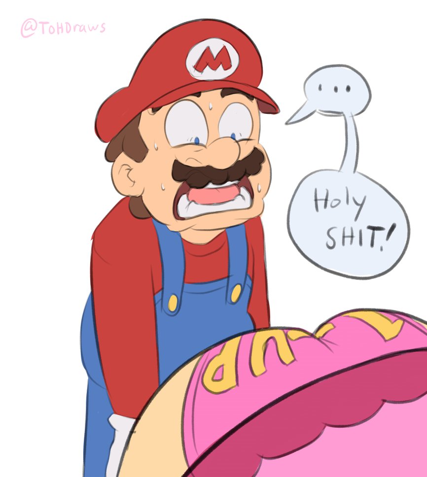 1boy, 1girls, ass, ass awe, ass up, big ass, blue eyes, brown hair, cap, dress, exhibitionism, eyebrows, facial hair, female, gloves, hat, male, male focus, mario, mario (series), mustache, open mouth, overalls, panties, partial female, pink panties, pink underwear, presenting ass, presenting hindquarters, princess peach, straight, teeth, text, the other half, tongue, underwear, voyeurism, white gloves