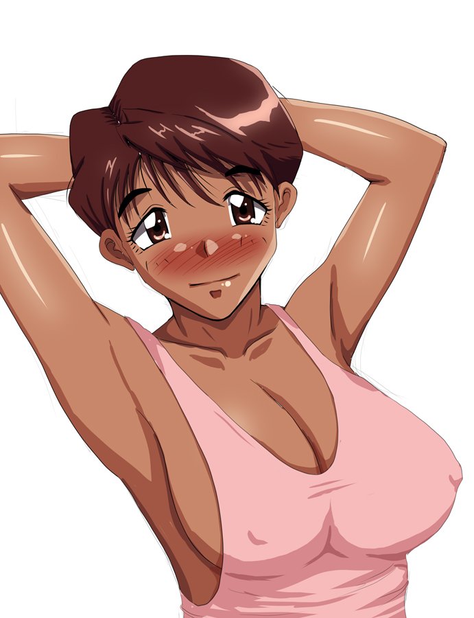 1girls armpits arms_behind_head big_breasts blush bra breasts brown_eyes brown_hair busty cleavage covered_erect_nipples dark-skinned_female erect_nipples_under_clothes female female_only hanamizuki_(km19790824) large_breasts pose posing sensual sexy_armpits short_hair smile solo super_real_mahjong super_real_mahjong_p5 tank_top toono_mizuki very_short_hair