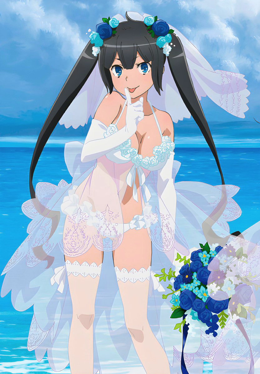 1girls, beach, big breasts, black hair, blue eyes, bra, breasts, bridal lingerie, bridal veil, busty, cleavage, dungeon ni deai wo motomeru no wa machigatteiru darou ka, female, female only, hestia (danmachi), highres, large breasts, legs, lingerie, long hair, looking at viewer, navel, ocean, official art, panties, smile, thighs, tongue, tongue out, twintails, underwear, veil, water, wedding lingerie, white bra, white panties
