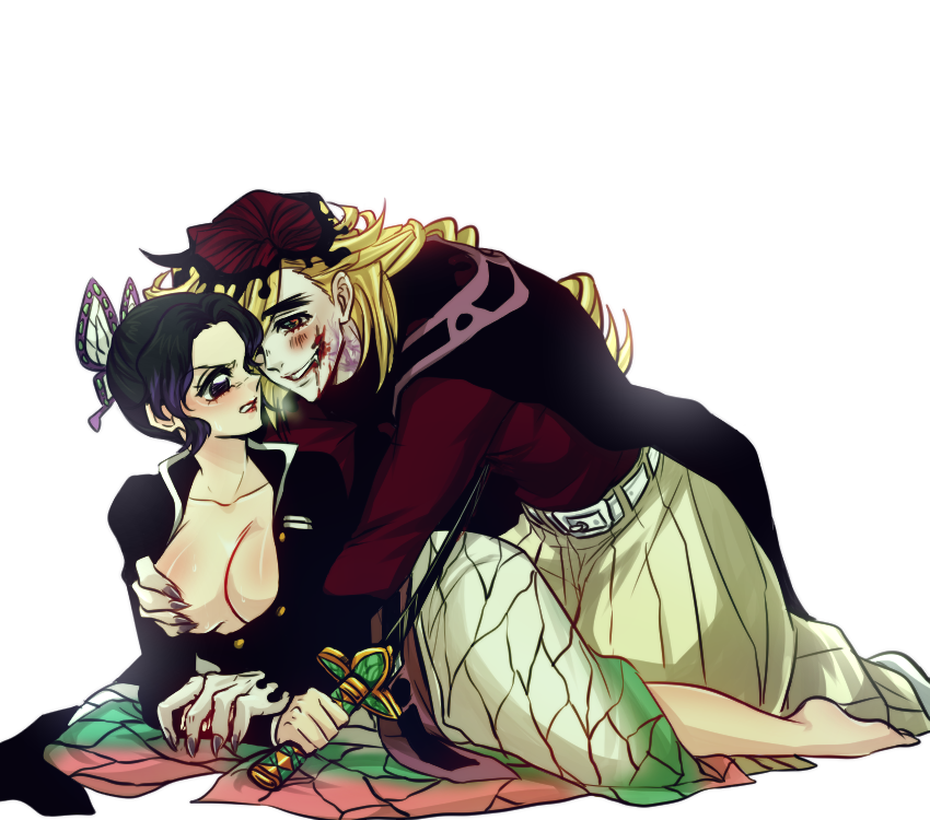 1boy, 1girls, black hair, blonde hair, blonde-haired male, blood, blood on face, blush, breast grab, breasts, breasts out, butterfly hair ornament, cleavage, demon, demon boy, demon slayer, douma, enemies, fangs, female, from behind, gakuran, grabbing from behind, groping, hakama, haori, imminent rape, imminent sex, japanese clothes, katana, kimetsu no yaiba, kneeling, kochou shinobu, light skin, light-skinned male, looking at another, looking back, lovelykingdudu, male, no bra, open shirt, pale skin, pale-skinned male, pinned, pinned down, purple hair, purple-haired female, sexual assault, sexual objectification, sharp fingernails, smile, sweatdrop, sword, two-tone hair, uniform, weapon