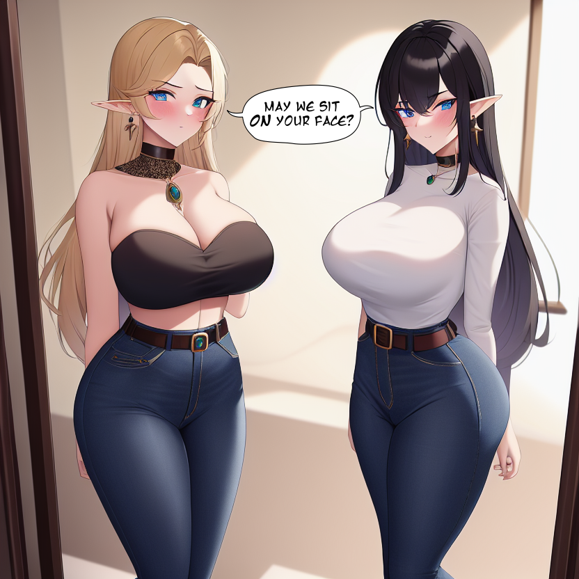 2girls ai_generated alborewimi bare_shoulders belt black_hair blonde_hair blue_eyes blush breasts caption collar denim earrings edit elf elf_ears facesitting_invitation female huge_breasts inviting jeans light-skinned_female long_hair looking_at_viewer mature_female midriff nai_diffusion naughty_face pawg pockets pointy_ears round_ass round_butt seductive stable_diffusion standing taut_shirt text_bubble thick_ass white_shirt wide_hips