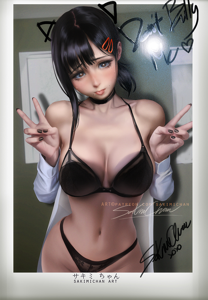 1girls, bare shoulders, black bra, black hair, black nails, black panties, bra, breasts, cat ears, chainsaw man, cleavage, cute, double peace sign, english text, female, female only, heart, higashiyama kobeni, mappa, medium breasts, nail polish, navel, panties, peace sign, ponytail, sakimichan, solo, tongue, tongue out