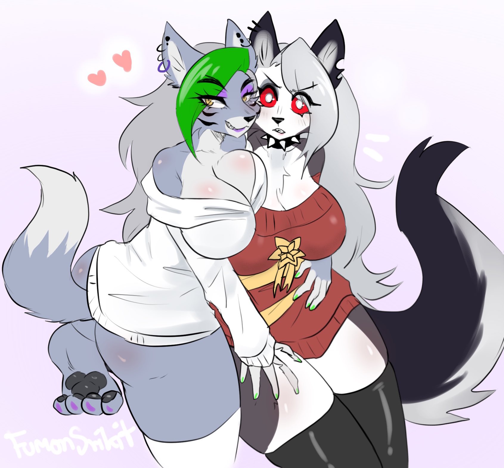 2girls, animal ears, anthro, black body, black fur, breasts, canid, canid demon, canine, canis, collar, demon, duo, ear piercing, ear ring, eyebrow piercing, eyelashes, eyeshadow, facial piercing, female, five nights at freddy's, five nights at freddy's: security breach, fumonpaw, fur, furry, grey body, grey fur, grey hair, grin, hair, hellhound, helluva boss, lipstick, loona (helluva boss), makeup, mammal, mythological canine, mythological creature, mythology, piercing, red sclera, ring piercing, roxanne wolf (fnaf), scottgames, smile, spiked collar, spikes, tail, white body, white eyes, white fur, wolf, wolf ears, wolf girl, wolf tail, yellow eyes, yuri