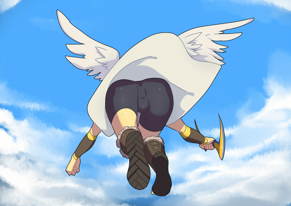 1boy angel angel_wings ass ass_focus back_view bike_shorts blue_sky boots bow bulge cloud cute day daytime flying from_behind kid_icarus kid_icarus_uprising lvlv male_only nintendo oblivious pit_(kid_icarus) sky solo solo_focus spats thighs