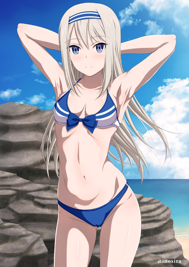 1girls, armpits, bikini, blue eyes, breasts, female, female only, hair ornament, inoshira, kaguya-sama wa kokurasetai ~tensai-tachi no renai zunousen~, shirogane kei, small breasts, solo, swimsuit, white hair