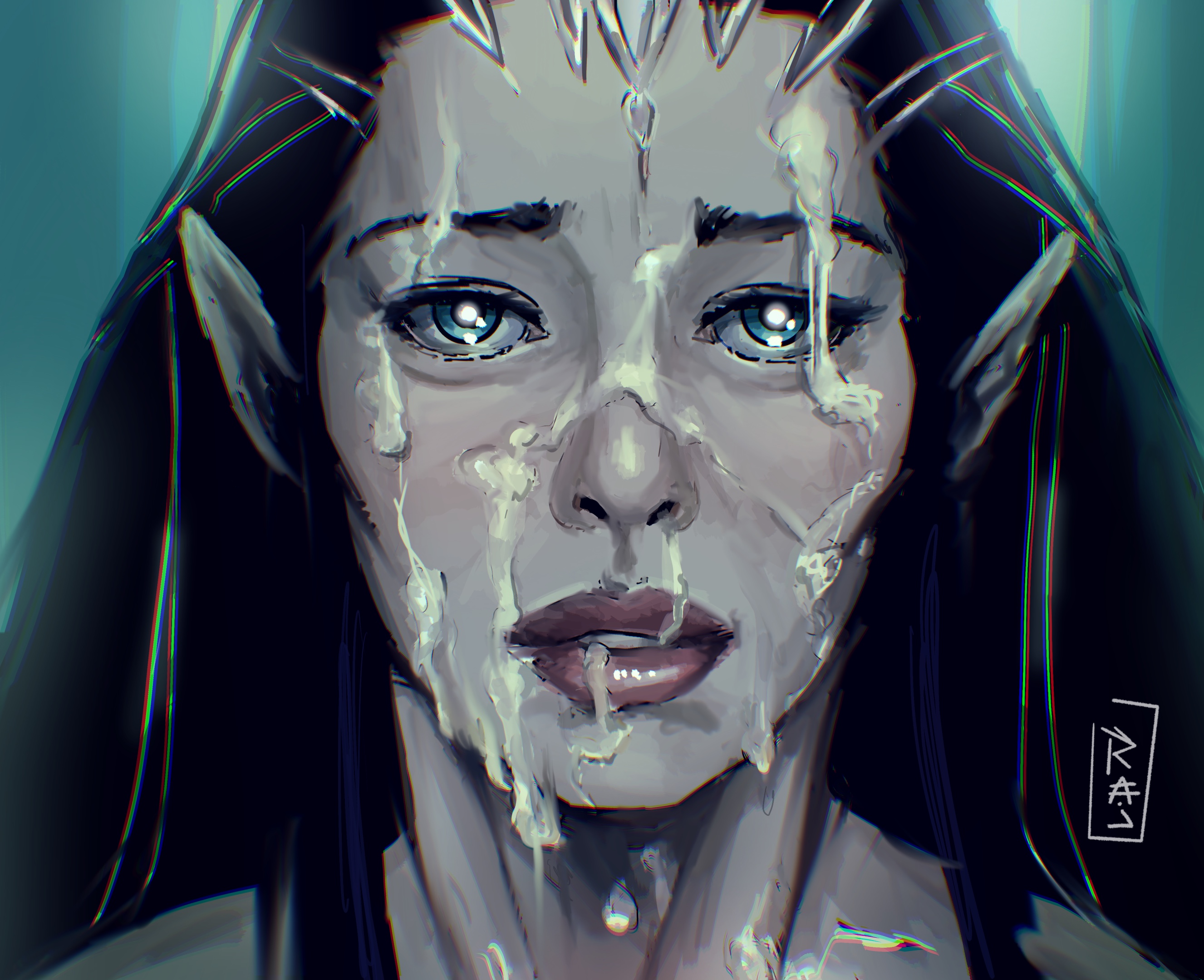 1girls, 2d, after sex, arwen undomiel, blue eyes, bodily fluids, cum, cum on body, cum on face, elf, elf ears, elf female, eyes, face, female, female elf, female only, glistening eyes, hair, humanoid, light skin, light-skinned female, lips, long ears, long hair, lord of the rings, open eyes, pale skin, pale-skinned female, parted lips, pointy ears, rajdraw, signature, solo, solo female, teeth, tiara, upper body
