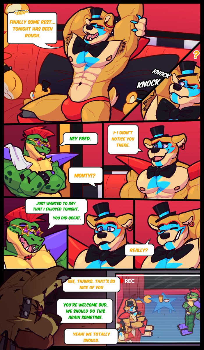 2022 abs alligator alligatorid animatronic anthro armpit_hair being_watched belt biceps body_hair bottomwear bow_tie brown_body brown_fur bulge burntrap churrosolixoso closed_eyes clothing comic crocodilian crossed_arms detailed_bulge dialogue digital_media_(artwork) duo ear_piercing ear_ring eyebrows eyewear five_nights_at_freddy's five_nights_at_freddy's:_security_breach five_nights_at_freddy's_3 fur glamrock_freddy_(fnaf) green_body green_fur green_scales hair hat headgear headwear hi_res inside lagomorph leporid looking_at_another machine male male_only mammal mohawk montgomery_gator_(fnaf) muscular muscular_anthro muscular_male navel onomatopoeia open_mouth pants pecs piercing question_mark rabbit red_hair reptile ring_piercing robot scales scalie scottgames shoulder_pads sitting sound_effects speech_bubble springtrap_(fnaf) sunglasses talking_to_another talking_to_self tan_body tan_fur tan_scales teeth text top_hat ursid video_games william_afton