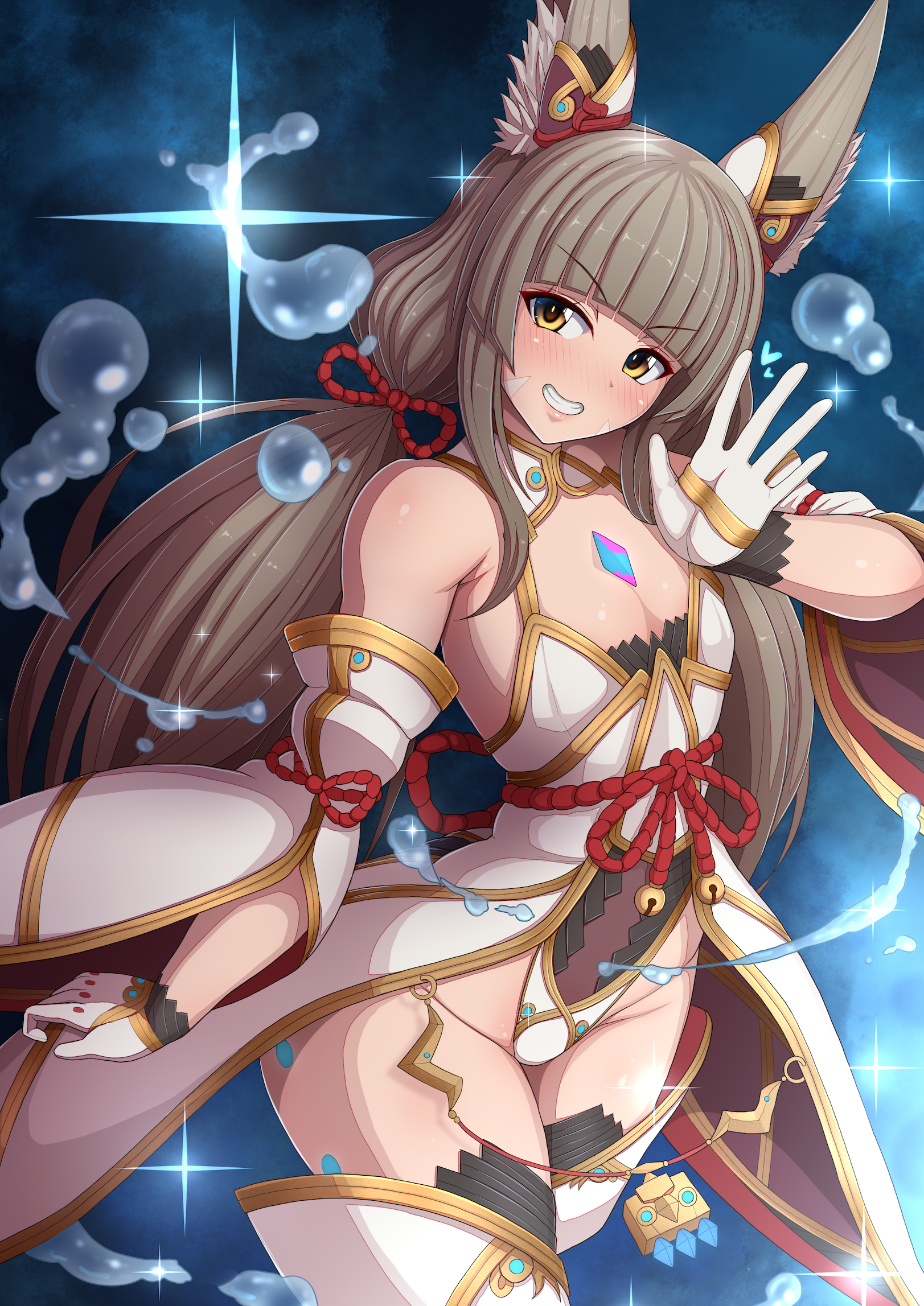 1girls, blush, breasts, brown eyes, brown hair, cat ears, cat girl, catgirl, clothed, core crystal, detached sleeves, female, flat chest, highleg leotard, highres, leotard, light skin, light-skinned female, long hair, nia, nia (blade), nia (xenoblade), nintendo, ponpo, small breasts, smile, smug, thighhighs, twintails, water, xenoblade (series), xenoblade chronicles 2