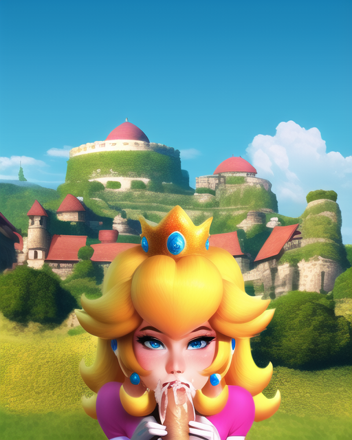 ai generated, blue eyes, castle background, crown, cum in mouth, female, gloves, holding, holding penis, male, mario (series), nai diffusion, nintendo, partial male, penis, princess peach, seductive, stable diffusion, sucking, sucking penis, super mario bros. (2023 film), third-party edit, yellow hair
