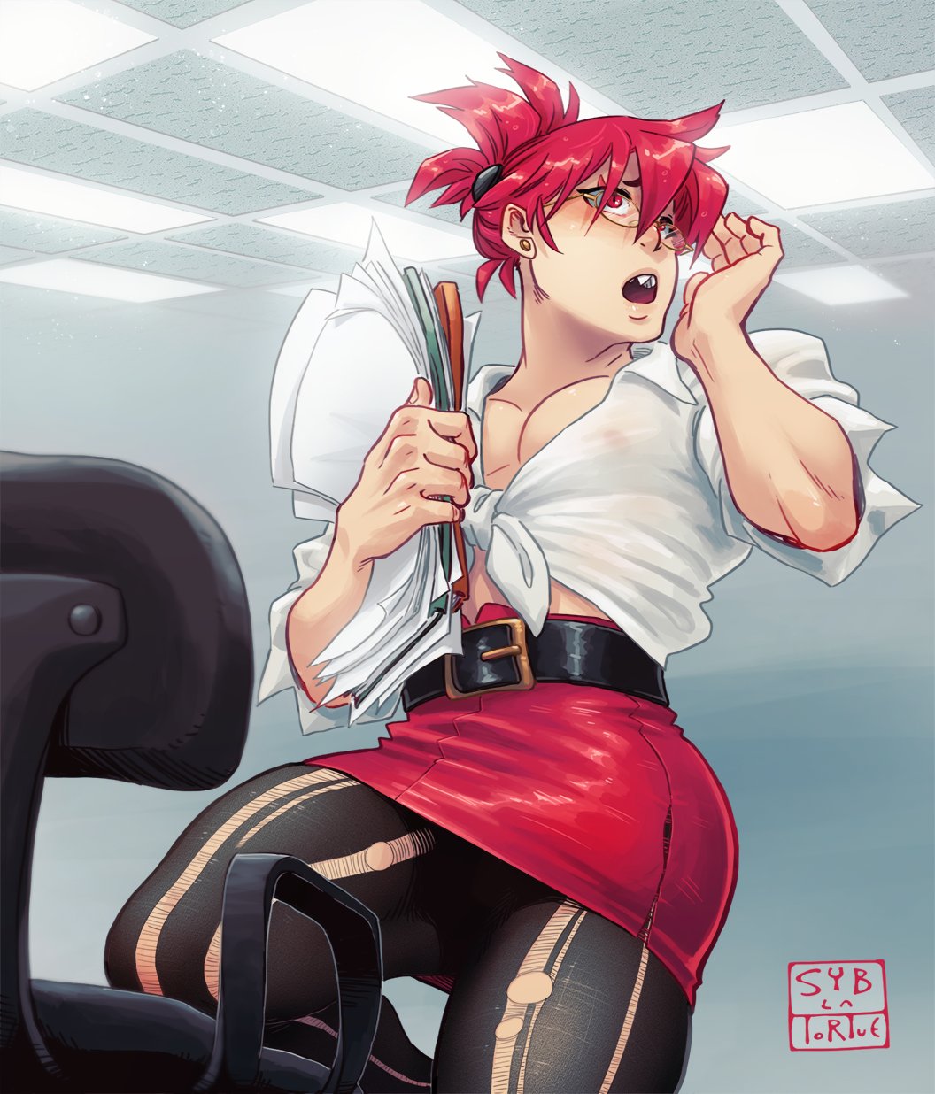 1boy belt bun chair convenient_censoring crossdressing eijirou_kirishima glasses hair_tie hair_tied leg_up legwear long_hair male male_only manly_crossdresser miniskirt my_hero_academia office office_chair office_lady open_mouth open_shirt pantyhose pecs red_hair sharp_teeth speaking syblatortue talking thick_thighs torn torn_clothes torn_clothing torn_legwear torn_pantyhose trap twink