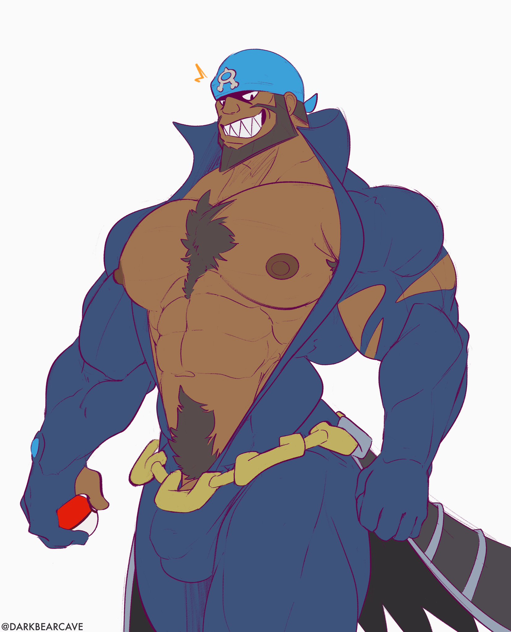 1boy, abs, archie (pokemon), bara, bulge, dark skin, dark-skinned male, darkbearcave, flaccid, looking at viewer, male, male only, muscular, nipples, pecs, penis, pokemon, pokemon sm, ripped clothing, smile, smiling at viewer, solo, solo male, team aqua, video games, yaoi