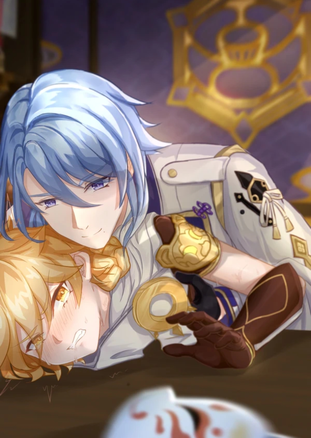 2boys, aether (genshin impact), ambiguous penetration, angry, artist request, blonde hair, blue eyes, blue hair, blush, blush lines, clothed, clothed sex, clothing, crying, crying with eyes open, digital media (artwork), dominant male, domination, flustered, forced, from behind, from behind position, frown, gay, gay domination, gay sex, genshin impact, gritted teeth, kamisato ayato, looking at another, male, male only, male/male, maledom, pressed against, pressed together, questionable consent, rape, smile, yaoi, yellow eyes
