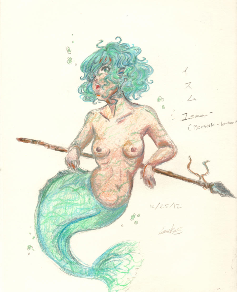 1girls artist_request berserk blue_hair breasts drawn female fish_tail humanoid isma light-skinned_female light_skin mermaid mermaid_tail mermaid_transformation monster_girl nipples short_hair tagme