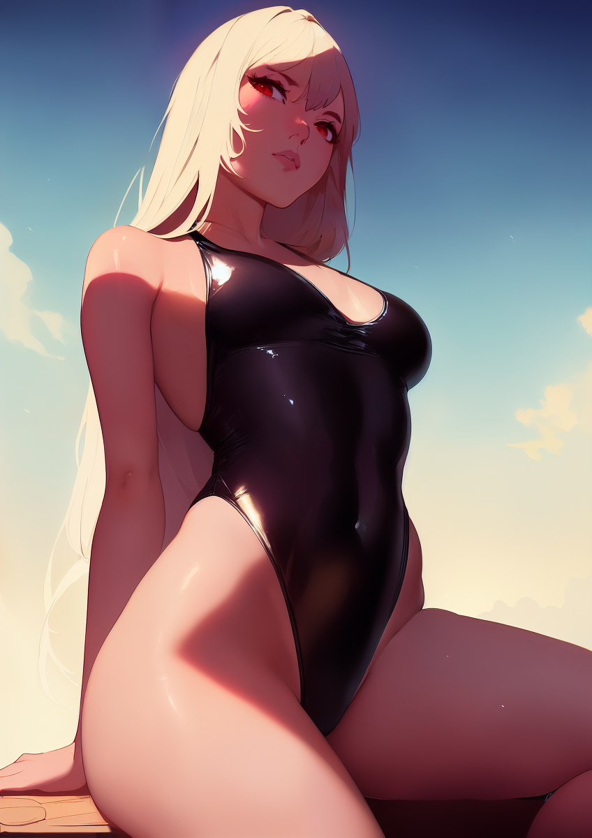 1girls, ai generated, blonde hair, female, latex, nai diffusion, one piece swimsuit, original, stable diffusion, swimsuit, thick thighs, tight clothing