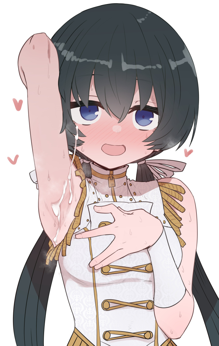 1girls arm_up armpits bare_shoulders black_hair blue_eyes cum cum_on_armpits cum_on_body cum_on_hair female hair_between_eyes hair_ribbon heart idoly_pride light-skinned_female light_skin long_hair looking_at_viewer open_mouth ribbon simple_background smile solo sumire_okuyama sumiyao_(amam) twintails upper_body white_background white_ribbon