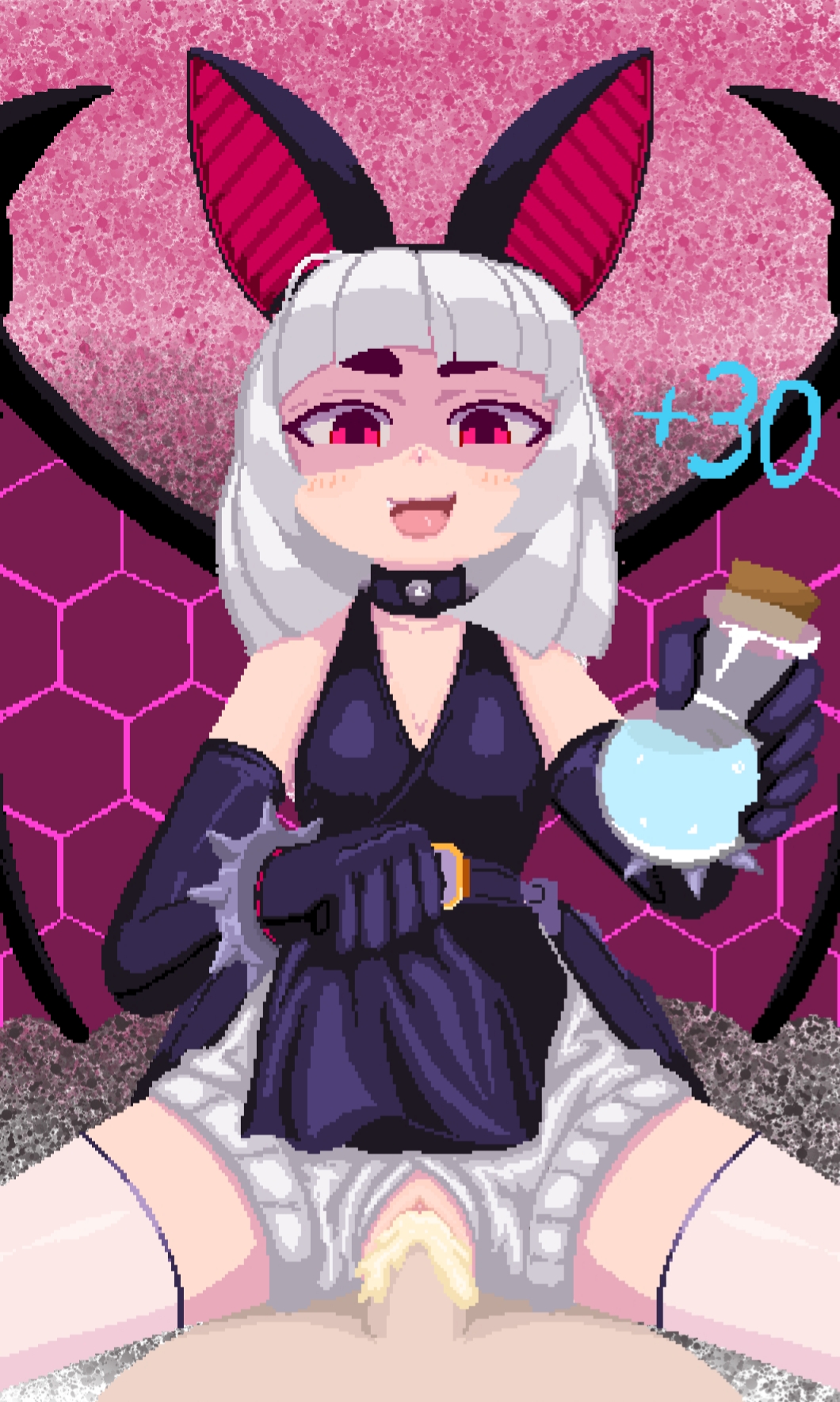 aged up, animal ears, bat wings, breasts, chewbat (soul knight), clothed female, cowgirl position, cum, cum in pussy, demonmancer (soul knight), dominant female, female, holding object, looking at viewer, potion, potion bottle, pov, pussy, small breasts, soul knight, white hair