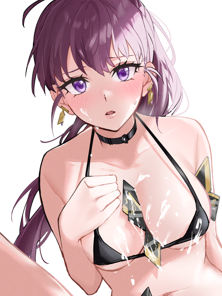 1girls alternate_costume amari_ooi between_breasts bikini bikini_top_only black_bikini black_choker blush breasts card choker cleavage collarbone commentary cum cum_on_body cum_on_breasts dolla_(nikke) earrings eyelashes facial female female_only furrowed_brow goddess_of_victory:_nikke halterneck hand_on_own_chest jewelry light-skinned_female light_skin lips long_hair looking_at_viewer medium_breasts money money_tuck navel pale-skinned_female parted_lips ponytail prostitution purple_eyes purple_hair simple_background solo string_bikini sweatdrop swimsuit upper_body white_background