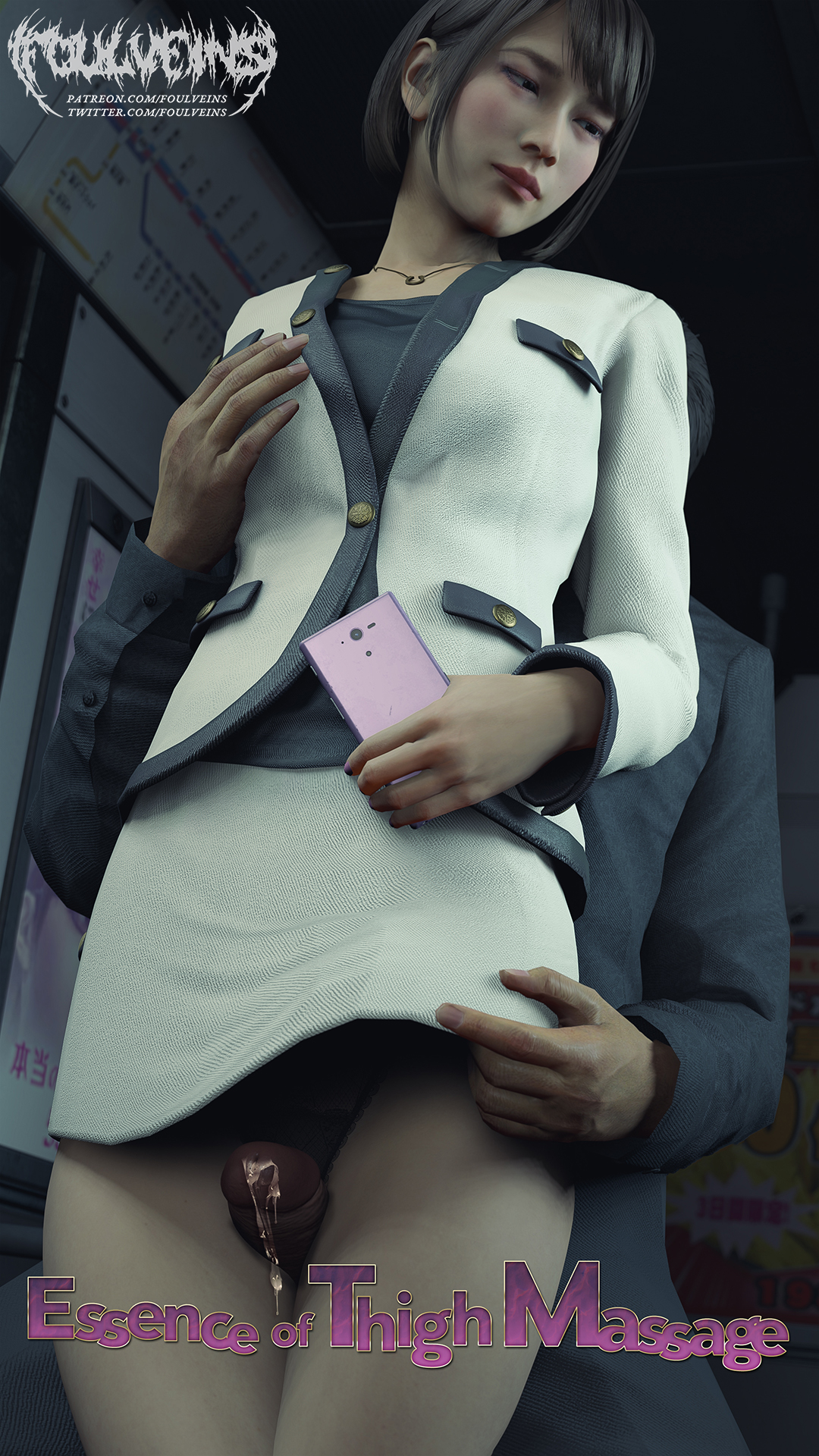 1boy, 1girls, 3d, business suit, english text, female, foulveins, gameplay mechanics, in public, male, miniskirt, public transportation, public use, questionable consent, ryuu ga gotoku, saeko mukouda, text, thigh sex, unseen male face