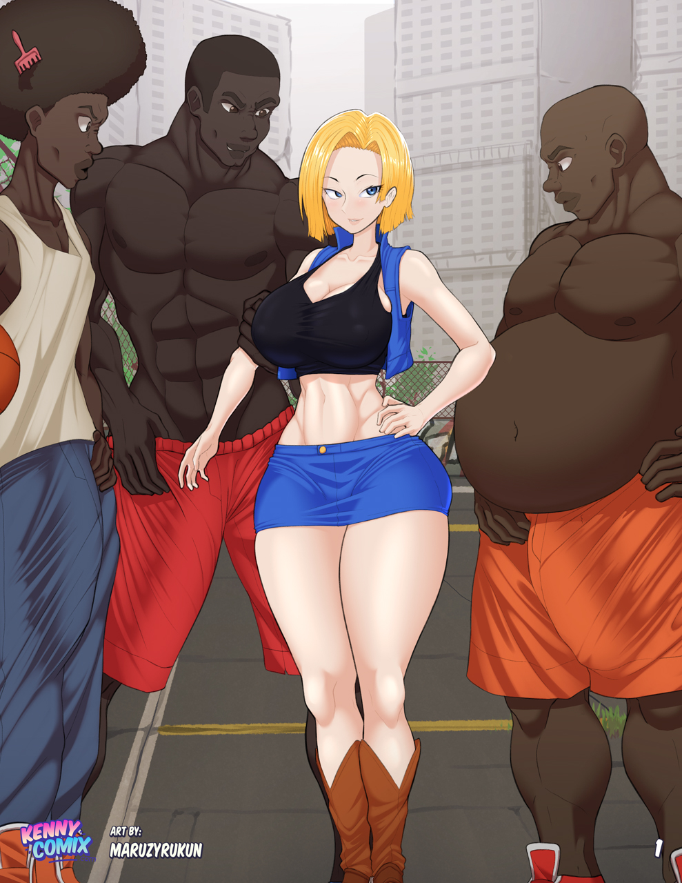 1girls 2022 3boys abs african_male afro android_18 artist_name basketball big_penis blonde_hair boobs boots breasts bulge carl_johnson cleavage curvy dark-skinned_male dark_skin dragon_ball fat_man female grabbing_arm imminent_sex interracial kennycomix large_breasts light-skinned_female light_skin male maruzyrukun muscular_male page_1 pale-skinned_female pale_skin public short_hair skirt thick_thighs watermark wide_hips