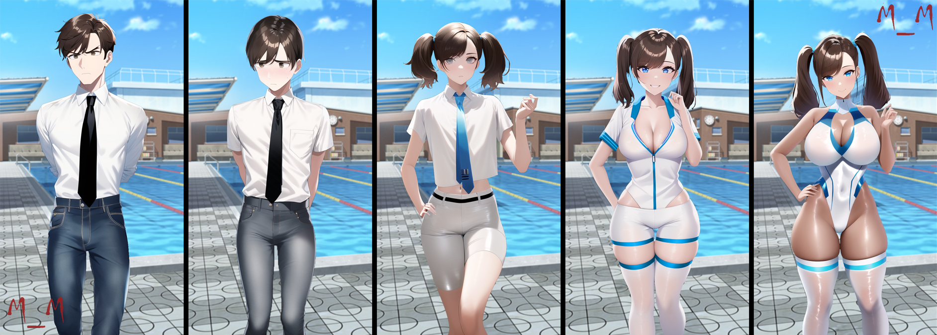 ai generated, ass expansion, before and after, blue eyes, breast expansion, breast growth, breast growth (enlargement), breasts, brown hair, female, gender transformation, genderswap, genderswap (mtf), hair growth, mm tfs, nai diffusion, rule 63, sequence, stable diffusion, swimming pool, swimsuit, tanned, thick thighs, thighhighs, transformation, transformation sequence, twintails, wide hips
