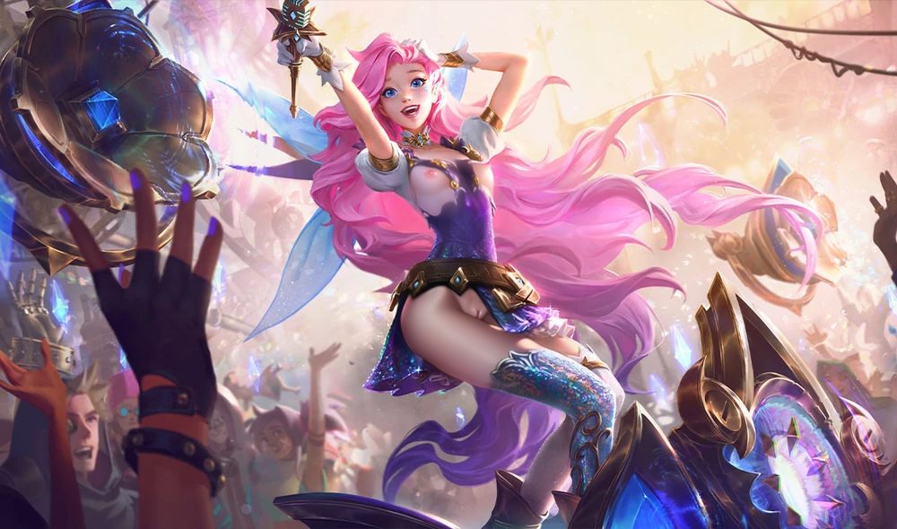 ai_generated arms_up blue_eyes boots cheering crowd detailed_background exhibitionism exposed_breasts exposed_pussy facial_mark gloves hand_on_head hips holding_object league_of_legends lighting lips makeup microphone mouth natibusamator nipples nose partially_clothed pink_hair public public_nudity pussy seraphine_(league_of_legends) skirt small_breasts smile smiling stable_diffusion thighhighs thighs torn_clothes torn_clothing wide_hips