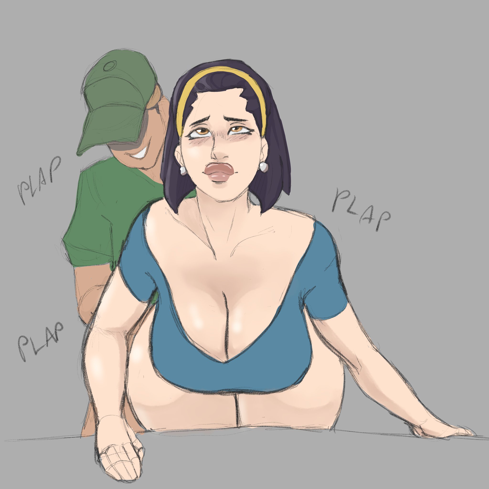 1boy, 1girls, ambiguous penetration, ass, big breasts, big lips, big thighs, breasts, cap, cleavage, dark hair, dark skin, dark-skinned male, diamond is unbreakable, doggy style, faceless male, fat ass, female, from behind, functionally nude, functionally nude female, hat, headband, human, jojo's bizarre adventure, jumbogumbo, light skin, light-skinned female, male, milf, orange eyes, purple hair, shirt only, short hair, sound effects, thick thighs, tomoko higashikata, uniform, work uniform