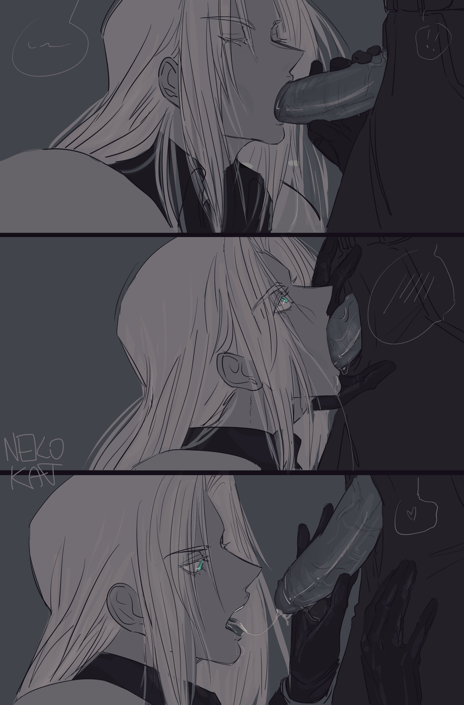 2boys, black clothing, black gloves, black pants, blowjob, blue eyes, closed eyes, clothed, comic, comic strip, cum, cum drip, cum in mouth, cum on tongue, deepthroat, fellatio, final fantasy, final fantasy vii, fully clothed, gay, gloves, grabbing penis, greyscale, half-erect, hand on penis, heart, holding penis, long hair, looking at penis, looking up, male, male focus, male only, nekokat42, open mouth, oral, penis, penis in mouth, sephiroth, simple background, speech bubble, square enix, tagme, unzipped, unzipped pants, white hair, yaoi, zack fair