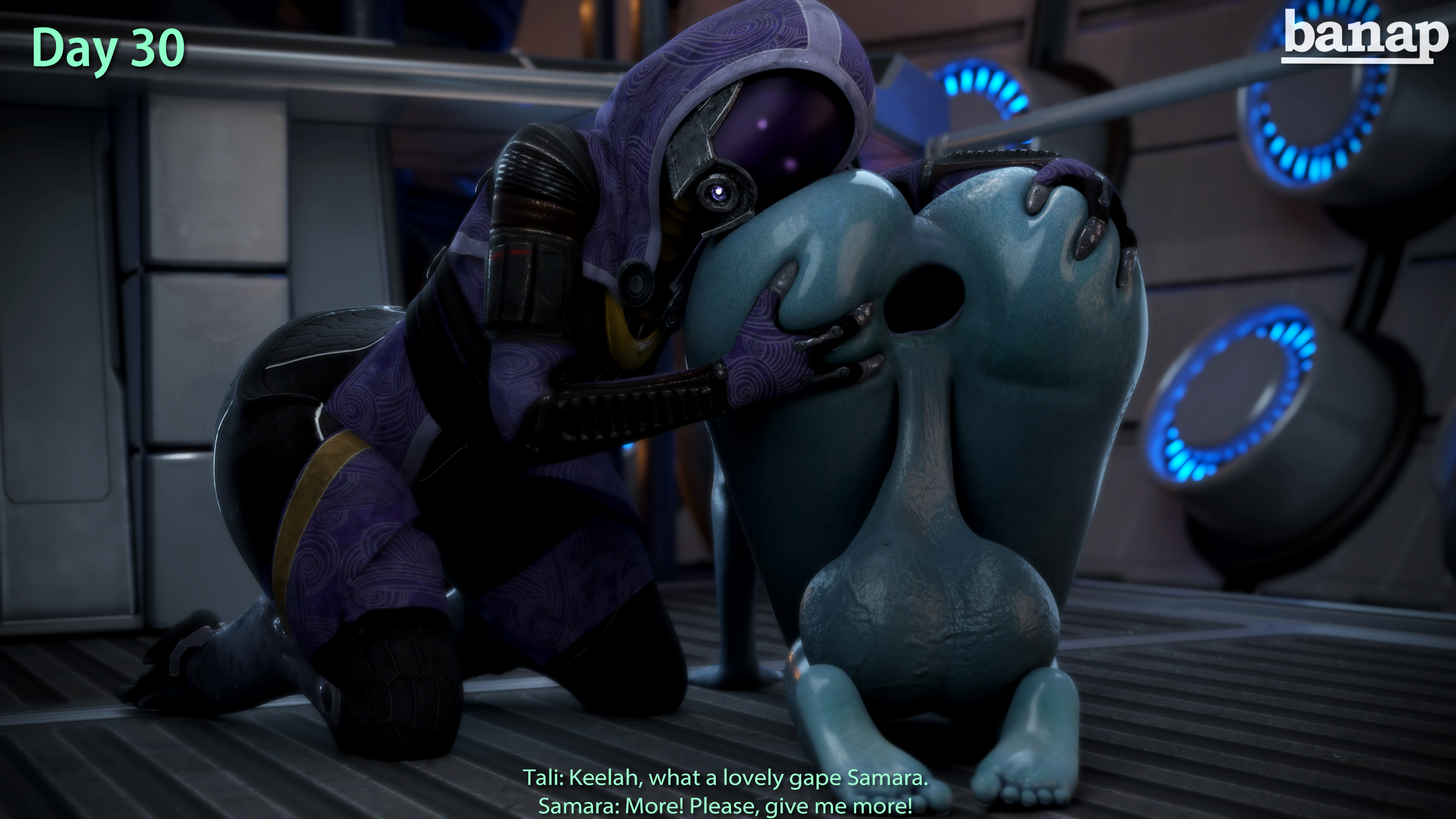 1futa, 1girls, 3d, asari, ass, ass focus, ass grab, balls, banap, big balls, blender, blender (software), blue skin, comic, comic page, dialogue, english, english text, feet, female, futa sans pussy, futanari, gaping, gaping anus, huge balls, intersex, mass effect, no nut november, nude, nude futa, quarian, samara, self upload, tagme, tali'zorah nar rayya, text