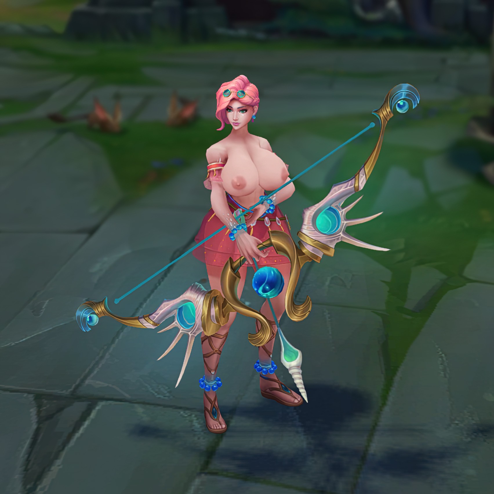 1girls, 3d, areolae, ashe (league of legends), ass, big ass, big breasts, big butt, breasts, female, female only, functionally nude, functionally nude female, large breasts, league of legends, long hair, mod, ninfrock, nipples, ocean song ashe, open toe shoes, pink hair, pool party series, skirt, solo, solo female, thick thighs, wide hips
