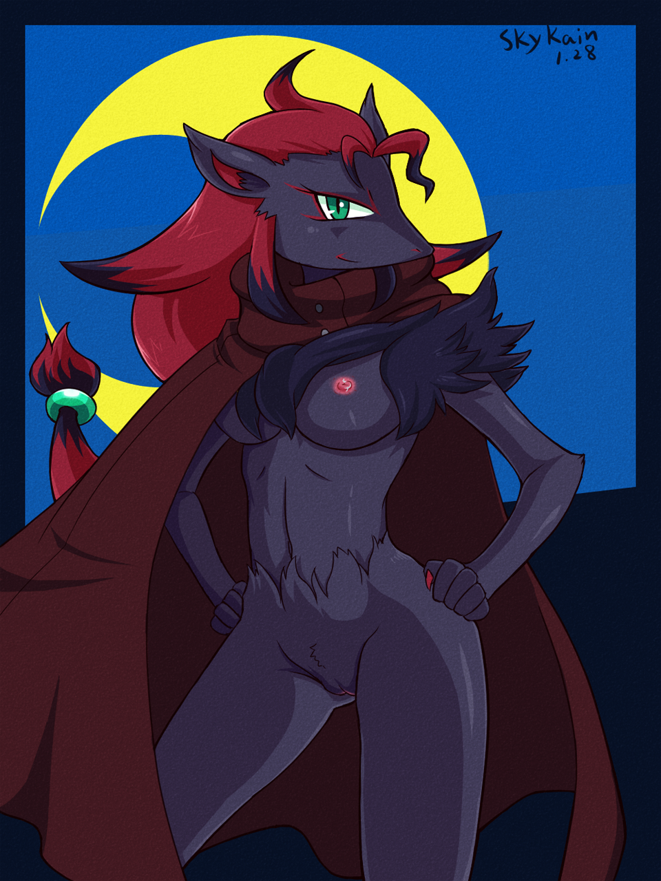 anthro breasts cape color female female_only front_view fur furry nipples pokemon pokemon_(species) skykain solo standing tagme vulva zoroark