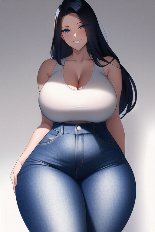 ai_generated black_hair blue_eyes curvy curvy_figure gigantic_breasts hand_on_hip high_waisted_pants huge_ass huge_breasts huge_hips long_hair nai_diffusion seductive_smile shadow stable_diffusion unknown_character white_tank_top wide_hips