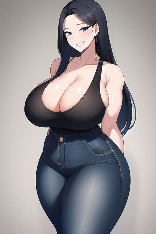 ai_generated black_hair black_tank_top blue_eyes curvy curvy_figure gigantic_breasts high_waisted_pants huge_ass huge_breasts long_hair nai_diffusion seductive_smile shiny_hair shiny_skin stable_diffusion unknown_character wide_hips