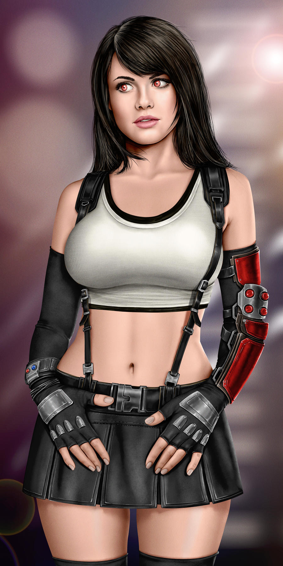 alexandra_daddario black_hair brown_eyes celebrity cosplay female final_fantasy final_fantasy_vii fingerless_gloves huge_breasts idrawnudeladies long_hair miniskirt real_person realistic suspenders tifa_lockhart