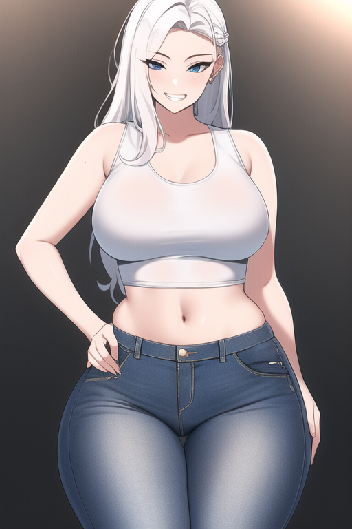 ai_generated blue_eyes curvy curvy_figure fit high_waisted_pants huge_ass huge_breasts huge_hips long_hair nai_diffusion seductive_smile stable_diffusion unknown_character white_hair white_tank_top wide_hips