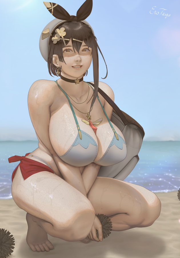 1girls atelier_(series) atelier_ryza beach bikini breasts brown_eyes brown_hair cleavage female hat huge_breasts kneeling reisalin_stout sarong seaside teemu_taiga