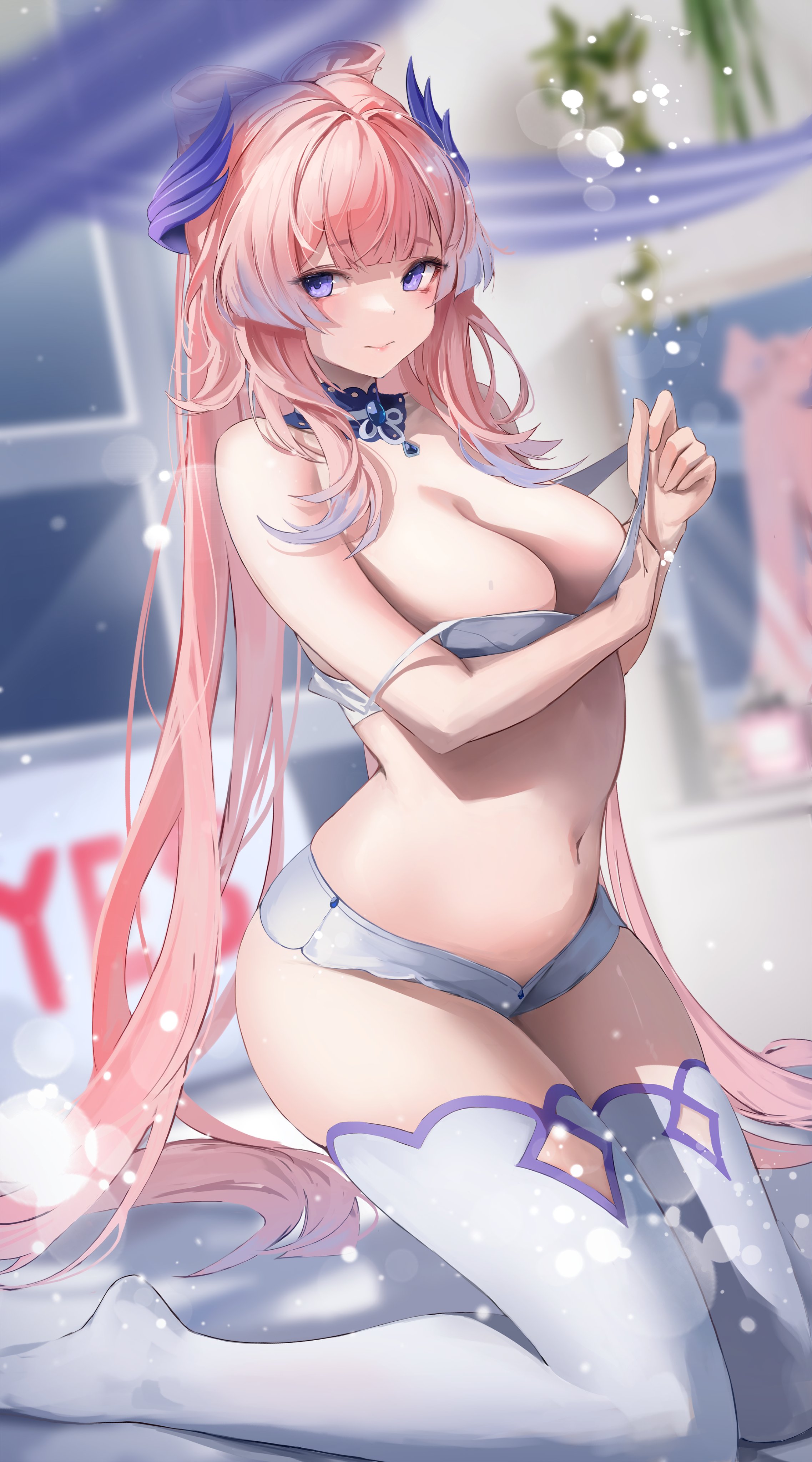 1girls, bad id, bed, bedroom, blue eyes, blurred background, bra pull, breasts, choker, clothes between breasts, detailed background, female, genshin impact, kneeling, leviathan (hikinito0902), lingerie, long hair, looking at viewer, pink hair, sangonomiya kokomi, solo, stockings, underwear