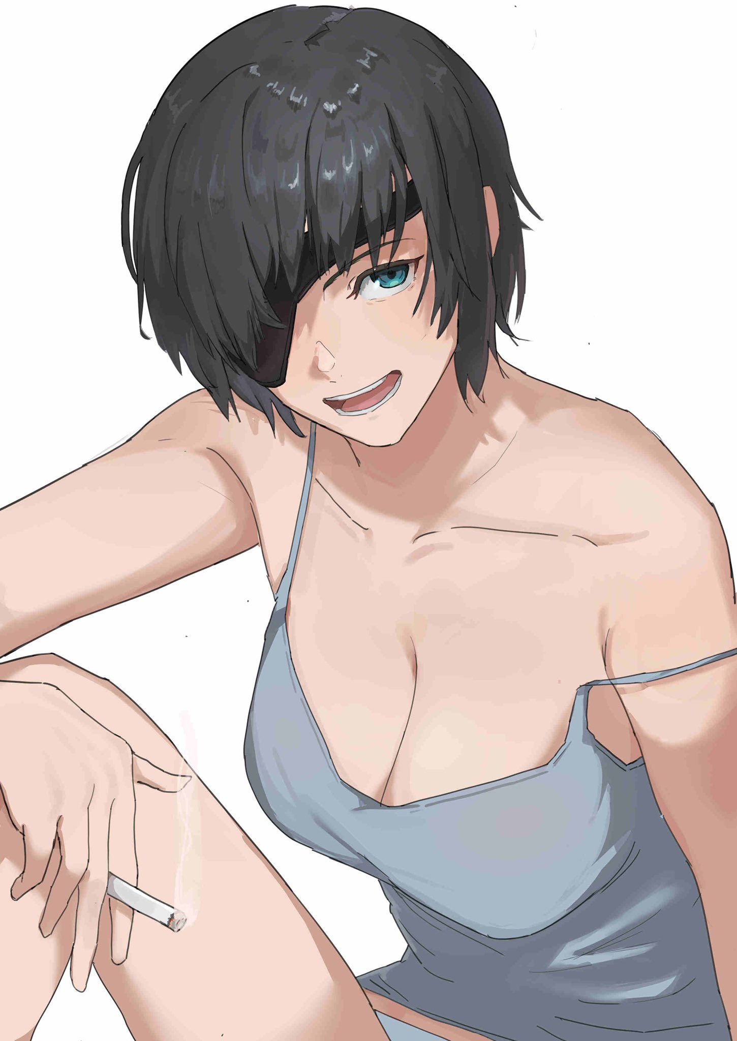 1girls, amepa, big breasts, breasts, chainsaw man, cigarette, cleavage, eye patch, female, female only, himeno (chainsaw man), looking at viewer, mappa, panties, shounen jump, smile, underwear