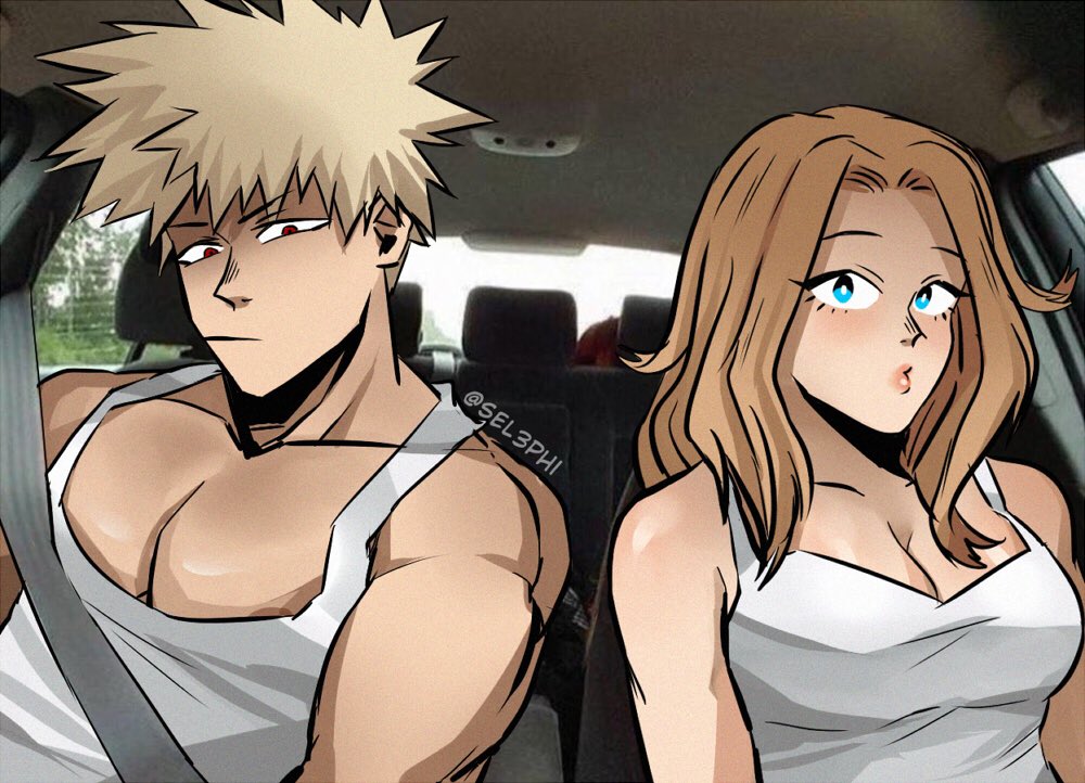 1boy, 1girls, aged up, big breasts, big pecs, blonde hair, blonde-haired female, blonde-haired male, breasts, busty, camie utsushimi, cleavage, female, in car, inside car, katsuki bakugou, male, meme, muscular, muscular male, my hero academia, pecs, posing, pouty lips, red eyes, selephi sel3phi, straight, tank top, white tank top