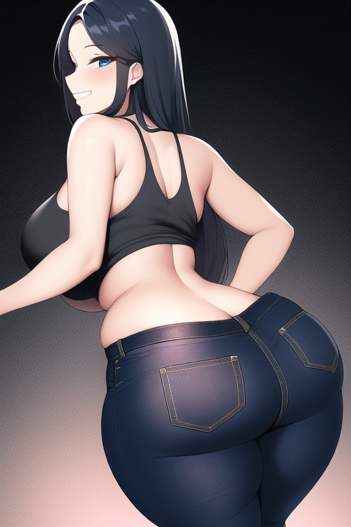 ai_generated black_hair black_tank_top blue_eyes curvy curvy_figure high_waisted_pants huge_ass huge_breasts long_hair looking_at_viewer nai_diffusion seductive_smile shiny_clothes shiny_hair stable_diffusion unknown_character