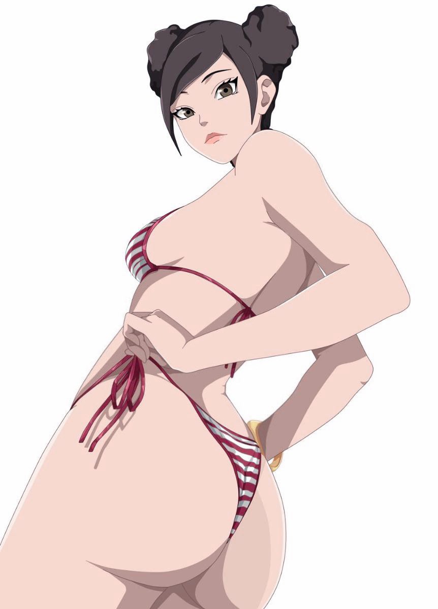 1girls, artist request, ass, big ass, bikini, bracelet, braid, breasts, brown eyes, brown hair, double bun, female, female only, from behind, hair bun, lipstick, looking at viewer, looking back, makeup, naruto, naruto (series), naruto shippuden, naruto: the last, presenting, presenting ass, presenting hindquarters, small breasts, solo female, striped bikini, stripes, swimsuit, tenten, tied hair