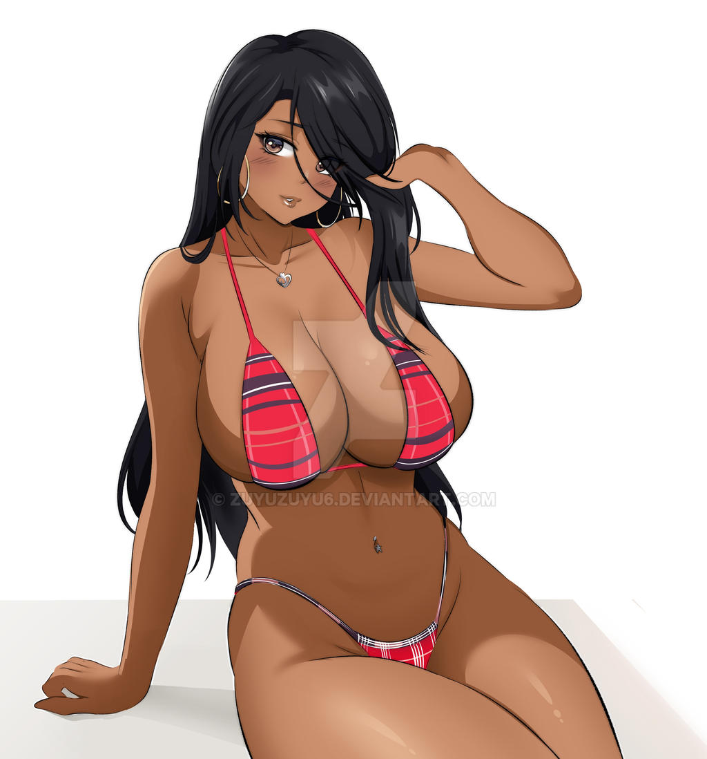 azmiyudista bikini black_hair blush brown_eyes dark-skinned_female hoop_earrings huge_breasts long_hair navel_piercing original original_character plaid plaid_bikini sitting voluptuous watermark zuyuzuyu6