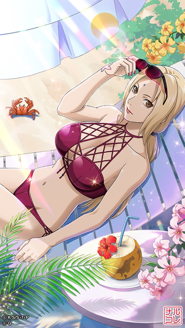 1girls, bare arms, bare legs, bare shoulders, belly, bikini, blonde hair, breasts, brown eyes, busty, cleavage, collarbone, crab, eyewear on head, fat breasts, female, flat belly, huge breasts, looking at viewer, midriff, nail polish, naruto, naruto (series), naruto shippuden, navel, official art, smile, sunglasses, sunglasses on head, swimsuit, tsunade, voluptuous